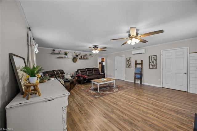 202 Stokes Forest Dr, King, NC 27021 - living room with crown molding, ceiling fan, a wall mounted air conditioner, wood finished floors, and baseboards