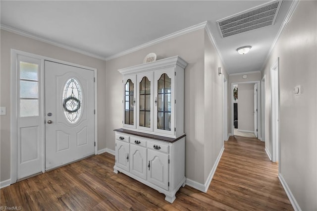 202 Stokes Forest Dr, King, NC 27021 - foyer with dark wood-type flooring, baseboards, and crown molding