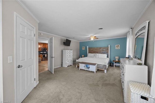 202 Stokes Forest Dr, King, NC 27021 - bedroom with crown molding, light carpet, a ceiling fan, and baseboards