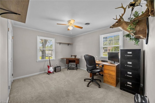 202 Stokes Forest Dr, King, NC 27021 - office area featuring crown molding, light carpet, baseboards, and a ceiling fan
