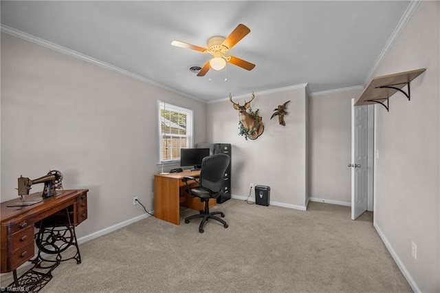 202 Stokes Forest Dr, King, NC 27021 - carpeted home office featuring ornamental molding, ceiling fan, and baseboards