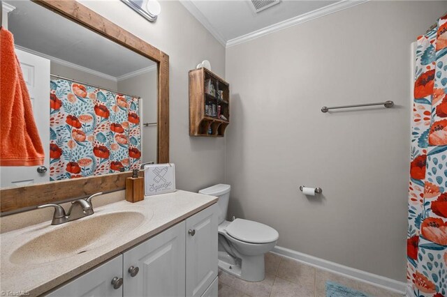 202 Stokes Forest Dr, King, NC 27021 - bathroom with crown molding, toilet, vanity, tile patterned floors, and baseboards