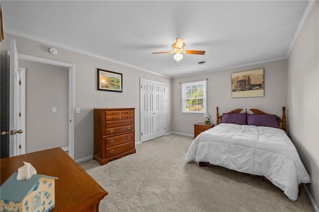 202 Stokes Forest Dr, King, NC 27021 - carpeted bedroom featuring crown molding, a closet, baseboards, and a ceiling fan