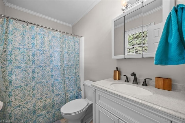 202 Stokes Forest Dr, King, NC 27021 - full bath with toilet, vanity, ornamental molding, and a shower with curtain