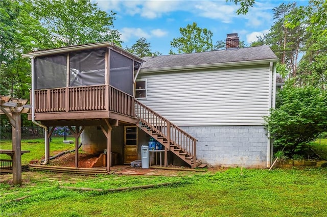 1093 Gordon Rd, Pinnacle, NC 27043 - back of house with stairway, a sunroom, a chimney, a yard, and a deck