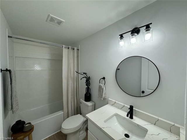 full bathroom with vanity, toilet, and shower / bathtub combination with curtain