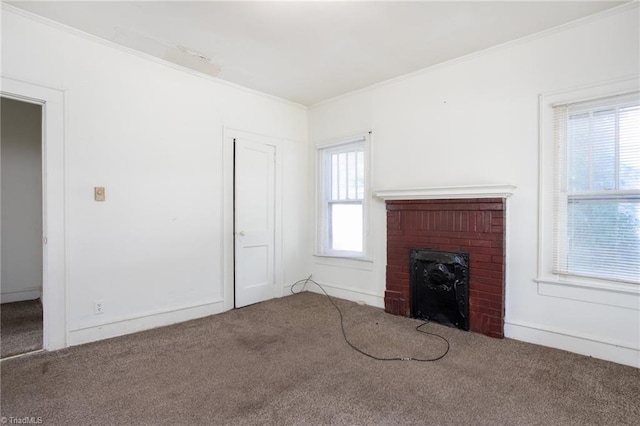 402 Poplar St, Graham, NC 27253 - unfurnished living room with carpet floors, crown molding, and a fireplace