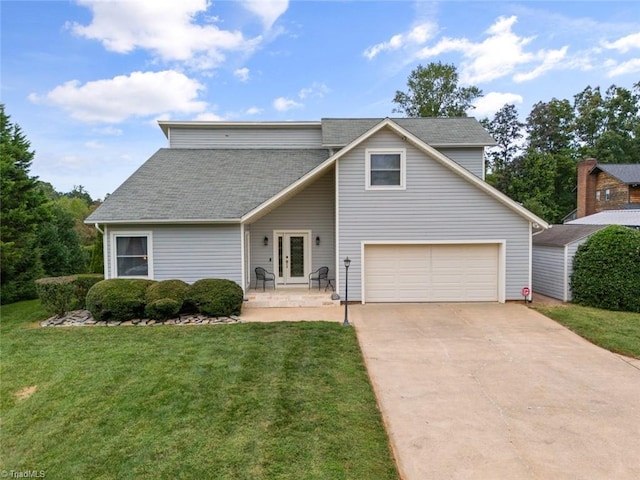 traditional home featuring concrete driveway, a front yard, roof with shingles, french doors, and a patio