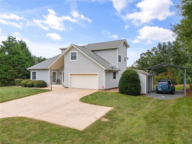 view of home's exterior featuring a carport, a lawn, concrete driveway, and a shingled roof