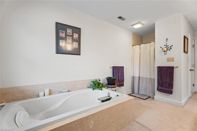 full bathroom with a bath, visible vents, and curtained shower