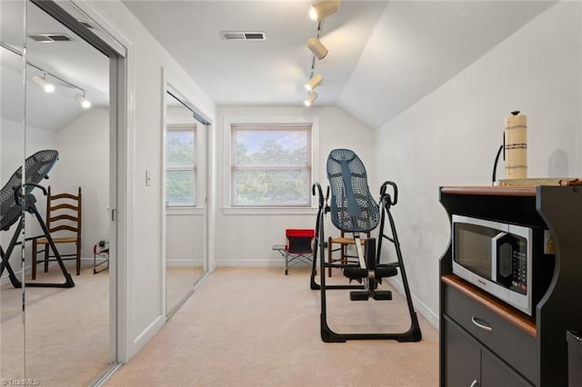 workout room with visible vents, lofted ceiling, and carpet