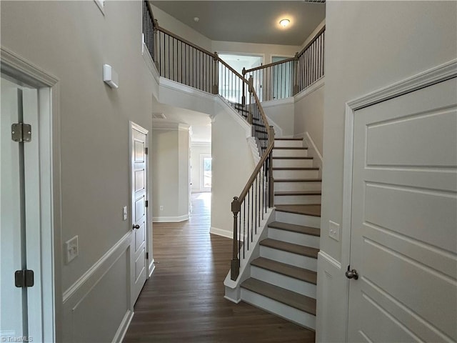 entrance foyer featuring a high ceiling and dark hardwood / wood-style flooring