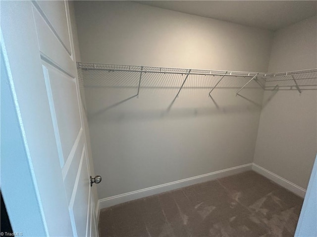 spacious closet featuring dark carpet