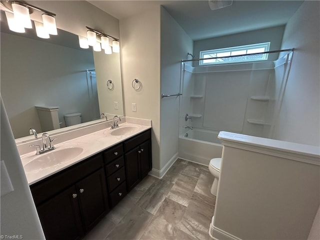 full bathroom with vanity, toilet, and bathing tub / shower combination