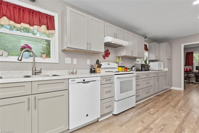 151 N Shore Dr, Lexington, NC 27292 - kitchen featuring light wood-type flooring, a sink, light countertops, under cabinet range hood, and white appliances