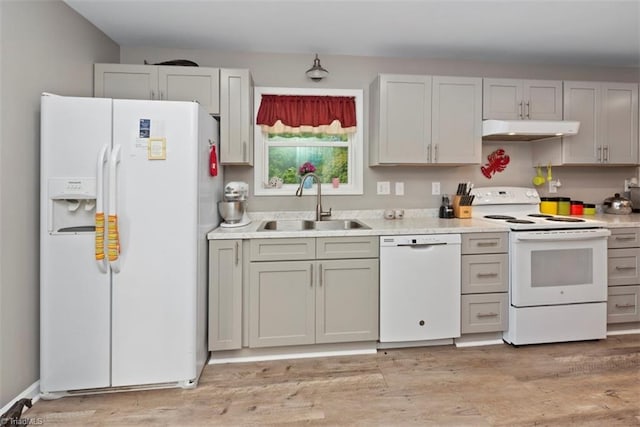 151 N Shore Dr, Lexington, NC 27292 - kitchen with a sink, light wood-style floors, white appliances, light countertops, and under cabinet range hood