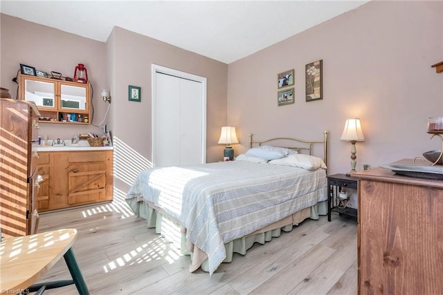 bedroom featuring light wood-type flooring and a closet