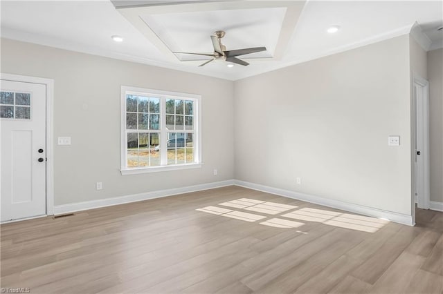 spare room with ceiling fan and light hardwood / wood-style floors