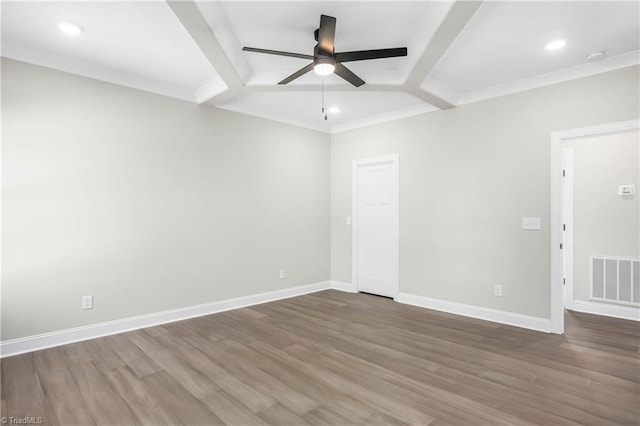 unfurnished room with ceiling fan, beam ceiling, dark hardwood / wood-style flooring, and ornamental molding