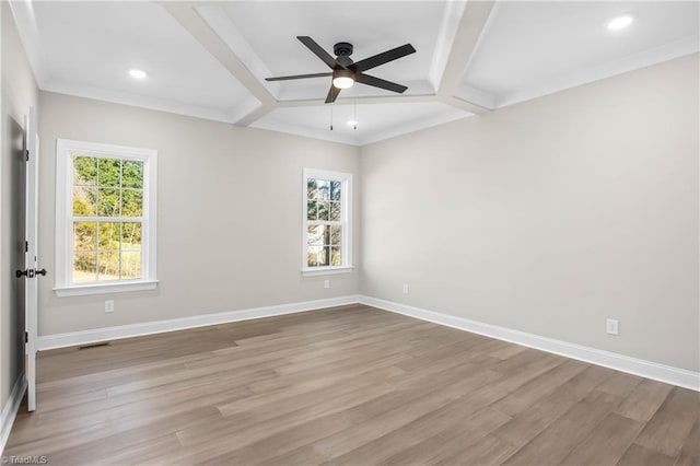 spare room featuring hardwood / wood-style floors, ornamental molding, ceiling fan, and a healthy amount of sunlight