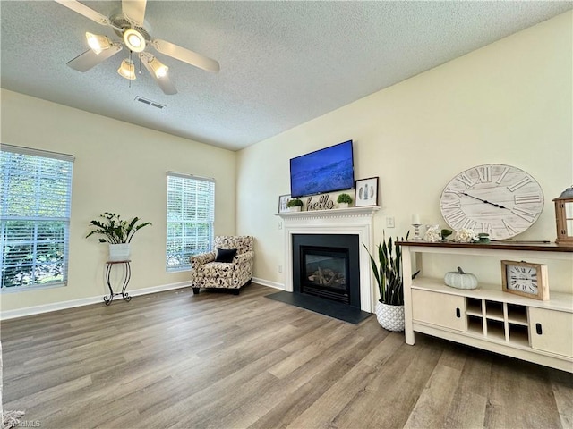 sitting room with wood-type flooring, a wealth of natural light, and a textured ceiling