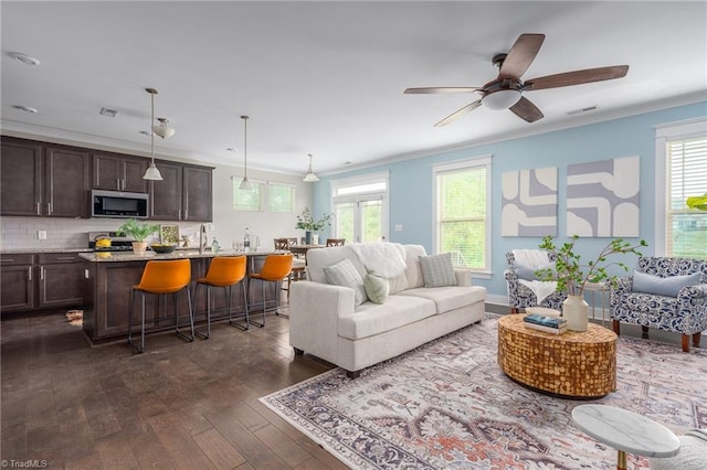 living room with crown molding, a ceiling fan, dark wood finished floors, and a wealth of natural light