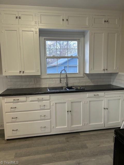 kitchen featuring dark wood-style floors, a sink, decorative backsplash, white cabinetry, and dark countertops