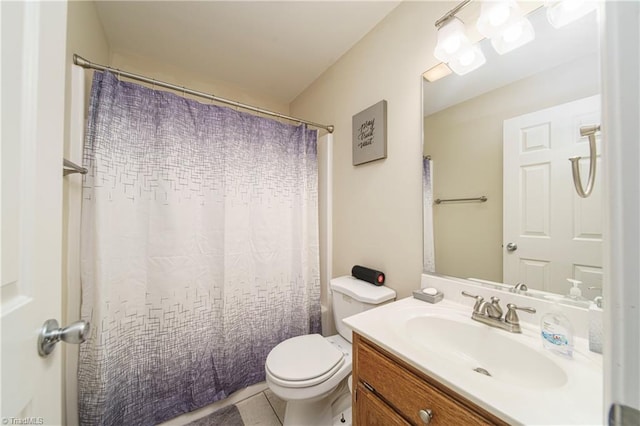 bathroom with tile patterned flooring, vanity, toilet, and a shower with shower curtain