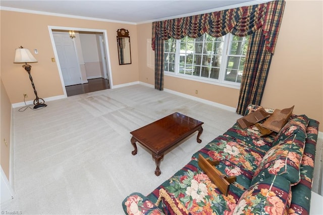 carpeted living room featuring crown molding