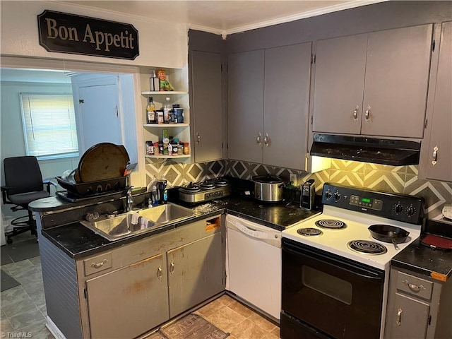 kitchen with a sink, range with electric cooktop, under cabinet range hood, dishwasher, and dark countertops