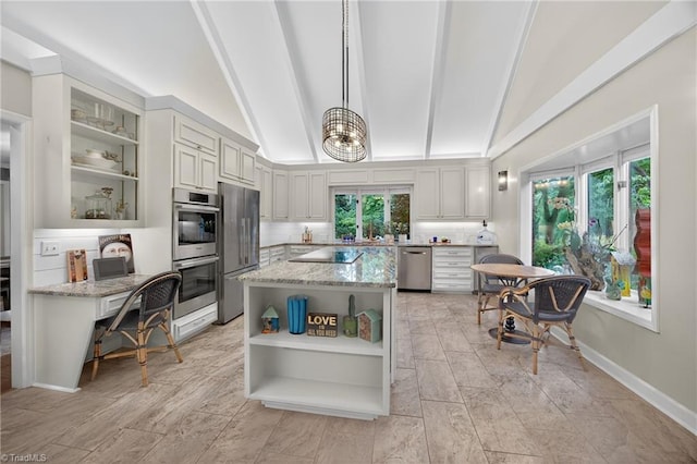 1901 Runnymede Rd, Winston-Salem, NC 27104 - kitchen featuring stainless steel appliances, open shelves, light stone countertops, and glass insert cabinets