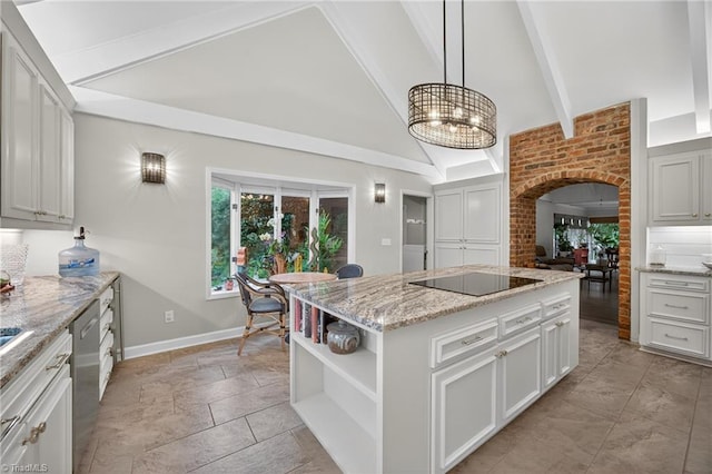 1901 Runnymede Rd, Winston-Salem, NC 27104 - kitchen with black electric cooktop, open shelves, arched walkways, beam ceiling, and a kitchen island