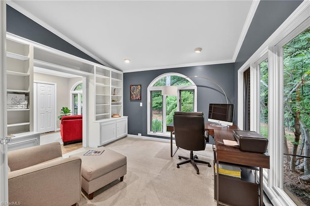1901 Runnymede Rd, Winston-Salem, NC 27104 - office with plenty of natural light, vaulted ceiling, ornamental molding, carpet flooring, and built in features