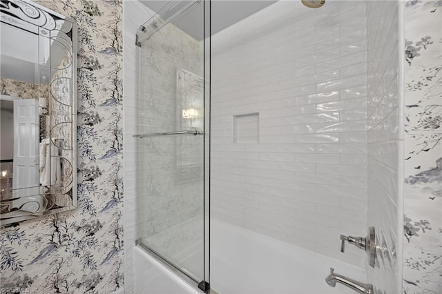 1901 Runnymede Rd, Winston-Salem, NC 27104 - bathroom with combined bath / shower with glass door and wallpapered walls