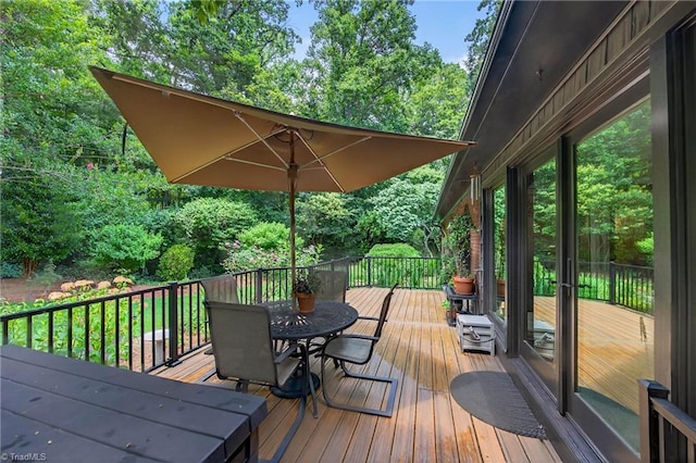 1901 Runnymede Rd, Winston-Salem, NC 27104 - wooden terrace featuring outdoor dining area and view of wooded area