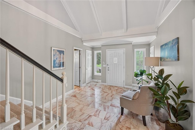 1901 Runnymede Rd, Winston-Salem, NC 27104 - entryway with stairway, high vaulted ceiling, beamed ceiling, ornamental molding, and light marble finish floors