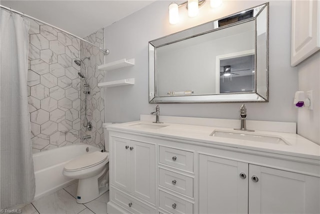 full bathroom featuring toilet, double vanity, a sink, and shower / bath combo with shower curtain