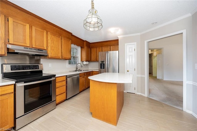 kitchen with sink, a center island, hanging light fixtures, light colored carpet, and stainless steel appliances