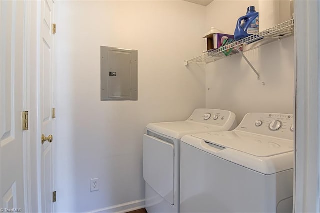 laundry area with electric panel and washer and dryer