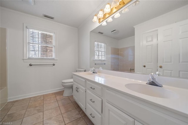 full bathroom with tile patterned flooring, vanity, crown molding, and toilet