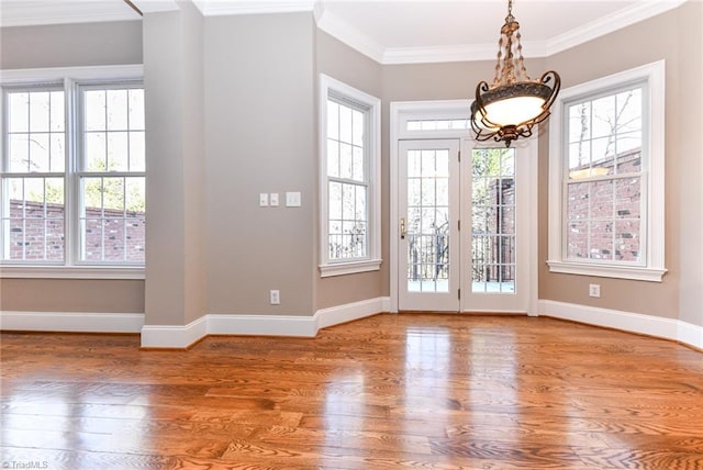 entryway featuring hardwood / wood-style flooring, a wealth of natural light, and ornamental molding