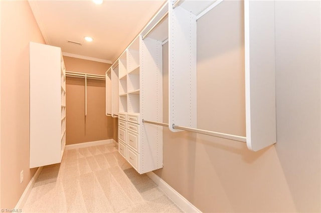 walk in closet with light colored carpet