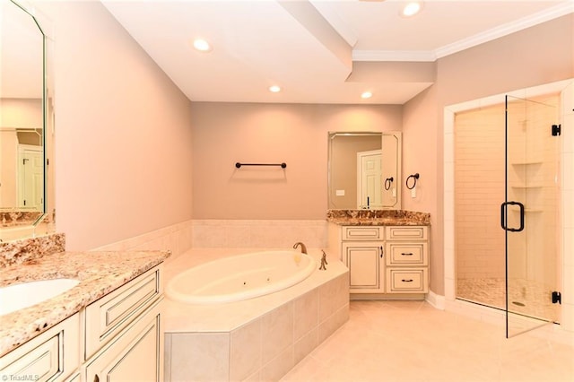 bathroom with separate shower and tub, vanity, tile patterned flooring, and ornamental molding