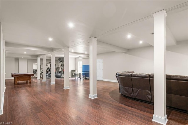 basement with recessed lighting, baseboards, and wood finished floors