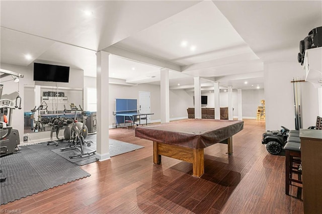 game room featuring recessed lighting, billiards, baseboards, and wood finished floors