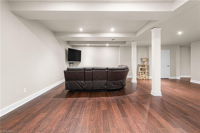 living area with recessed lighting, baseboards, and wood finished floors
