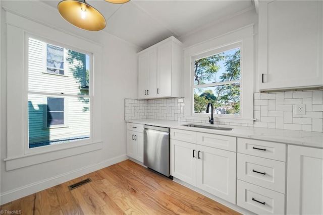 kitchen with light wood-type flooring, sink, dishwasher, backsplash, and white cabinetry