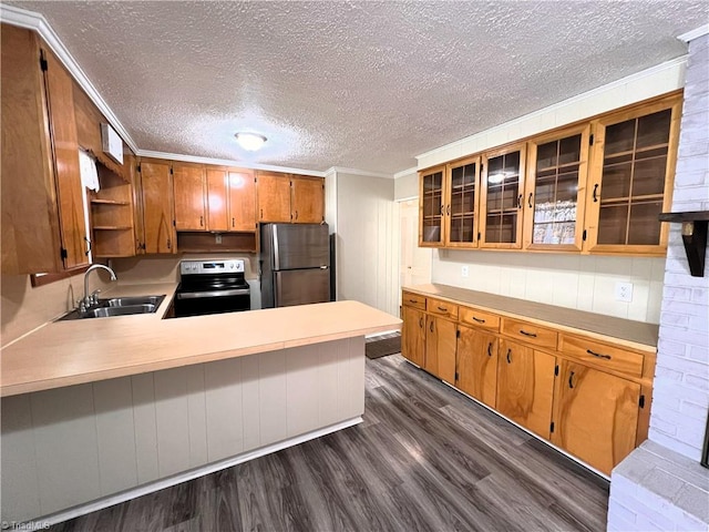 kitchen featuring sink, ornamental molding, appliances with stainless steel finishes, dark hardwood / wood-style flooring, and kitchen peninsula