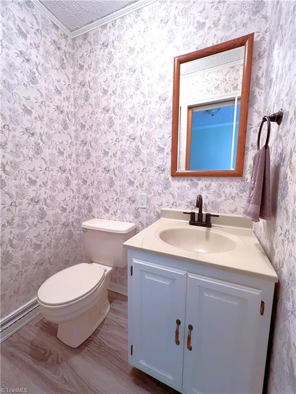 bathroom featuring vanity, wood-type flooring, a textured ceiling, and crown molding