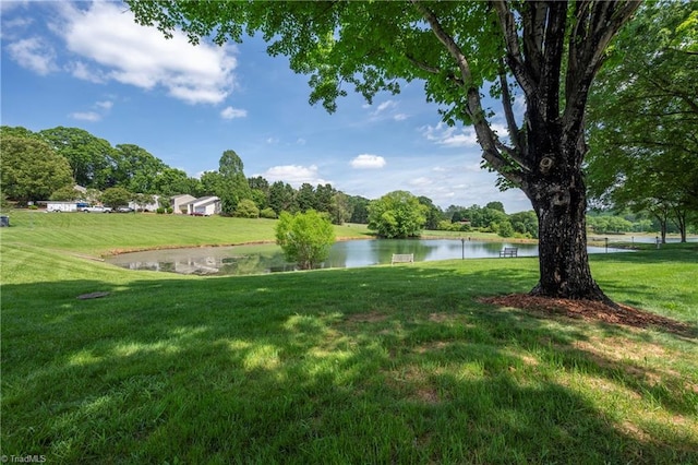 view of community with a lawn and a water view